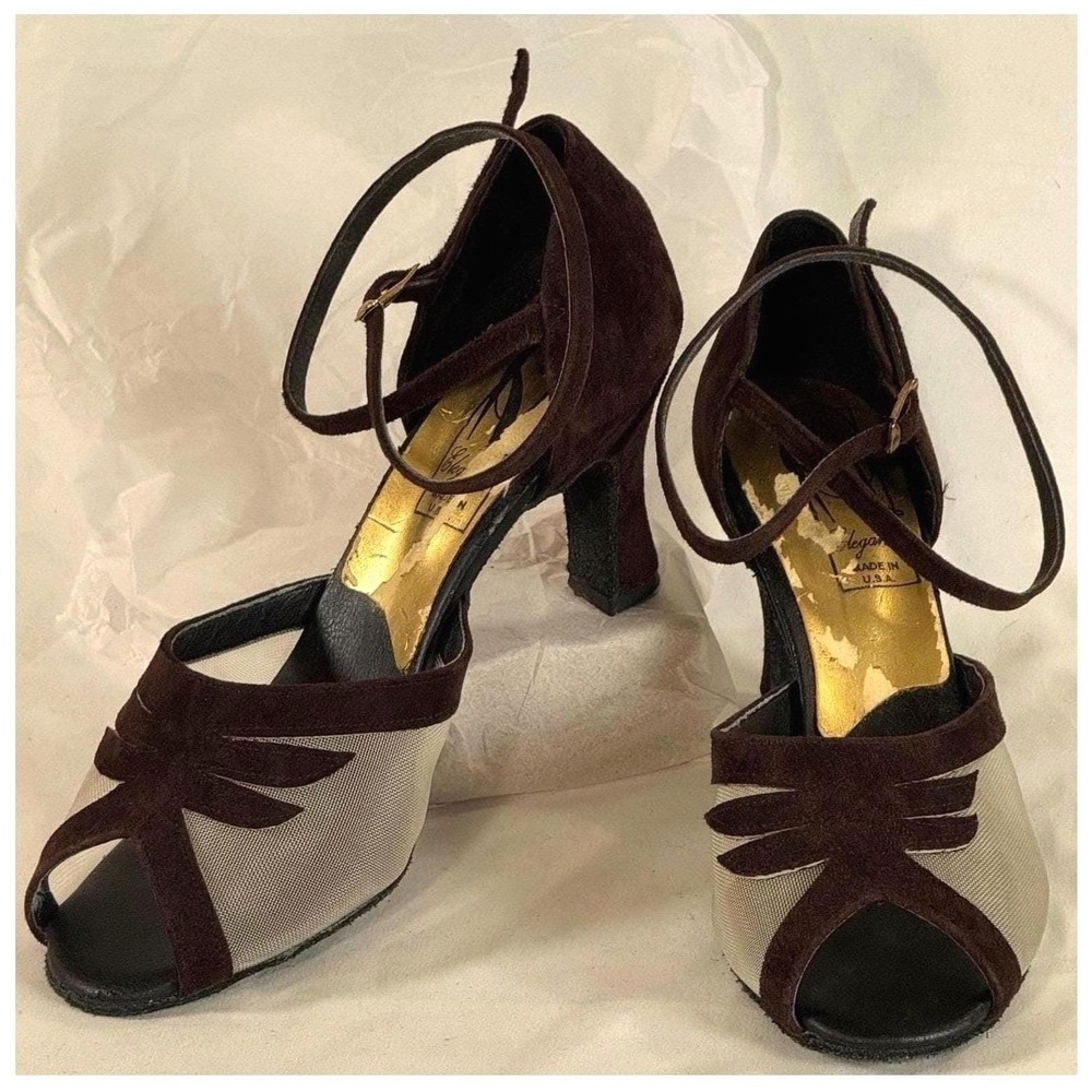 Vintage Elegance Brown Suede Peep Toe Heels Cross Strap Silver Wire Mesh US 7